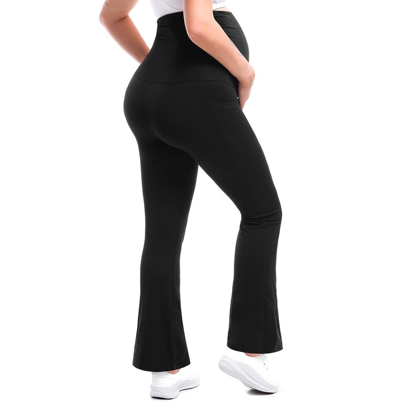 Leafigure Maternity Flare Leggings with Pockets Over The Belly Yoga Pants for Workout Soft Pregnancy Activewear Black L