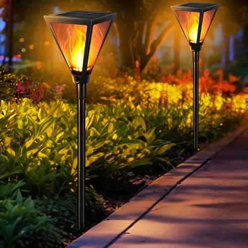 iBaycon 2 Pack 28" Solar Flame Torch Lights, Flickering Flame Garden Lights Outdoor Waterproof, Solar Pathway Light for Yard Lawn Path Landscape Decor