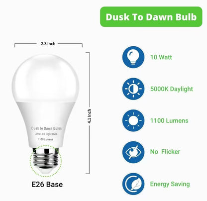4-Pack Dusk to Dawn LED Light Bulbs, 75W Equivalent, Daylight 5000K 1,100LM, Automatic On/Off Outdoor Light, E26 A19 10W Bright Porch Light Bulbs, for Indoor/Outdoor Yard Patio Garage Garden