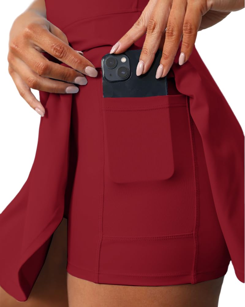 Gyiefcg Womens Sleeveless 2-in-1 Athletic Tennis Golf Dress Underneath Workout Active Dresses with Built-in Shorts Wine Red