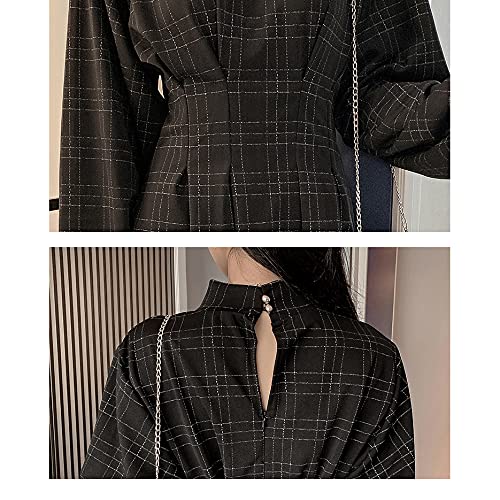 Goth Long Sleeve Dress Gothic Harajuku Vintage Plaid Wrap Balck Mini Dress Retro Pleated Punk Long Sleeve Dark Emo(Gray Grid,L)