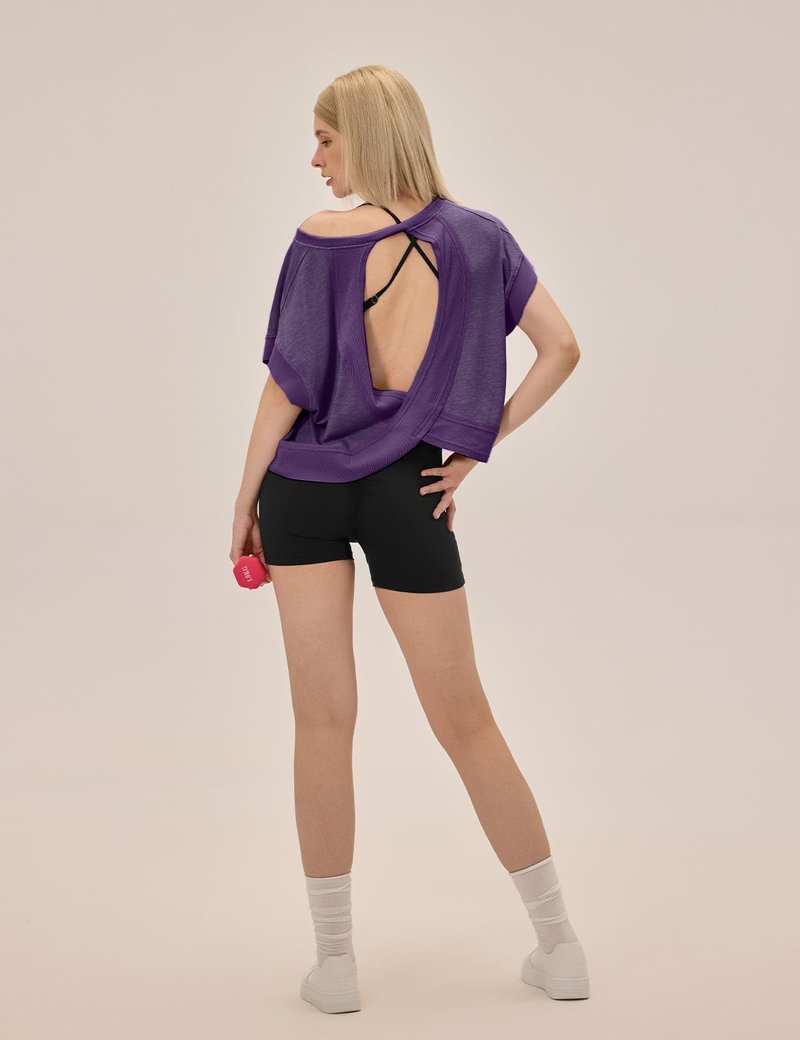 UNIANKIYA Open Back Workout Tops for Women Loose Fit Athletic Crop Tee Short Sleeve Gym Running Yoga Shirt Dark Purple