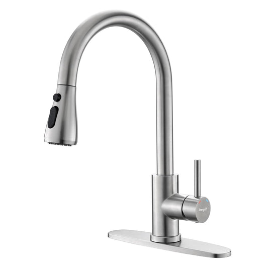 Ibergrif Kitchen Faucets with Pull Down Sprayer, Single Handle High Arc Brushed Nickel Stainless Steel 1 or 3 Hole Kitchen Sink Faucet with Deck for RV Laundry Farmhouse Bar