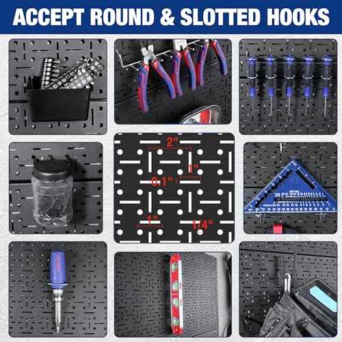 WORKPRO 16¡±x 16¡± Metal Peg Board, Foldable Black Pegboard for Wall Organization, Steel Panel with Round Holes & Vertical Slots, Ideal Tool Organizer in Office and Craft Room, 2 Pack