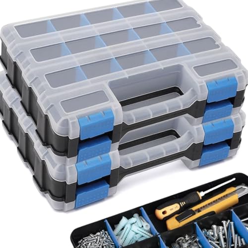 Andalus Tools Organizer Box, Small Parts Storage 34-Compartment Double-Sided Portable Hardware Organizer Removable Plastic Dividers for Screws, Nuts, Bolts, Nails ? Blue (2 Pack, 12.5" x 10.5" x 3")