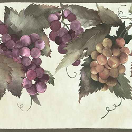 CONCORD WALLCOVERINGS ¢â Wallpaper Border Fruit Pattern Pears Grapes Plums Leaves for Cottage Kitchen Dining Room, Beige Green Purple, 15 ft by 10.5 in ?KT8353B