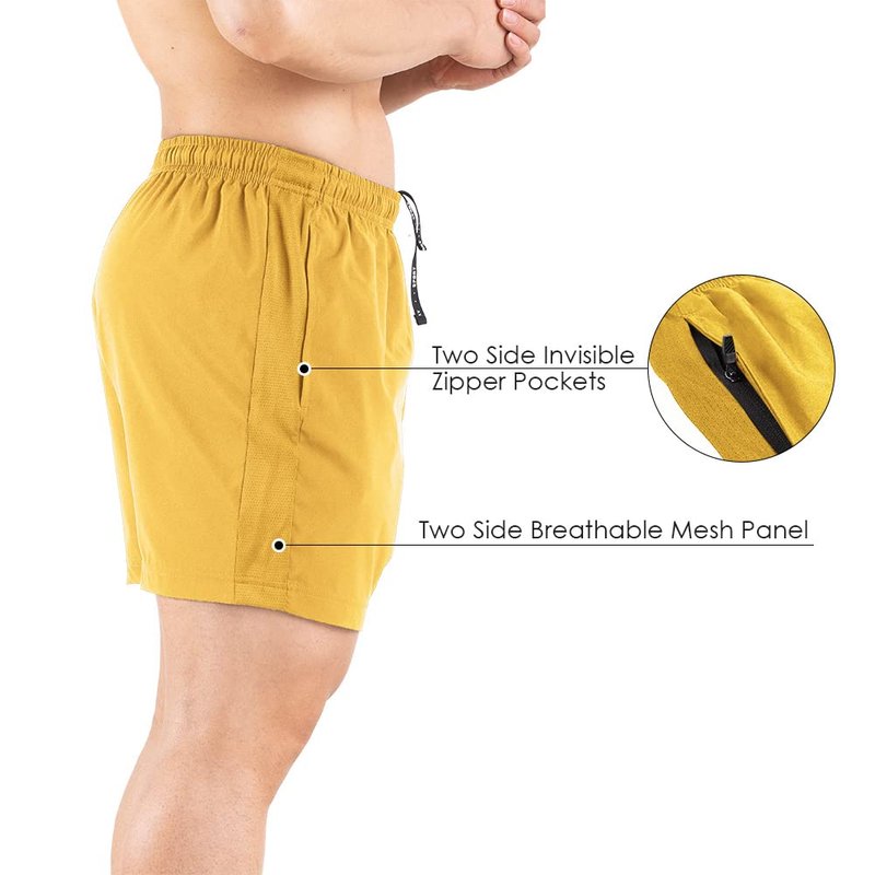 Gaglg Men's 5" Athletic Shorts 2 Pack Quick Dry Athletic Workout Gym Shorts with Zipper Pockets Yellow/Purple,Small