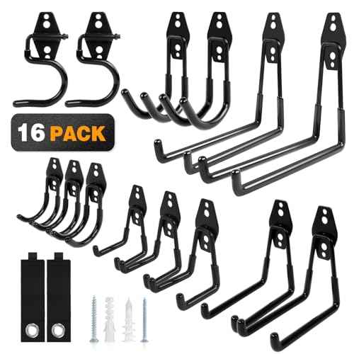 Steel Garage Storage Hooks, 16-Pack, Heavy Duty Wall Mount Hooks for Bike, Ladder, Garden Tools, Anti-Slip Coating
