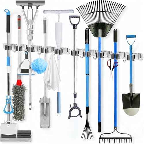 2 Pack Heavy Duty Wall Mount Broom Holder ? Stainless Steel with 5 Racks & 4 Hooks Broom Organizer? Self-Adhesive or Screw Mount Mop Holder for Garage, Laundry, Kitchen ? Silver
