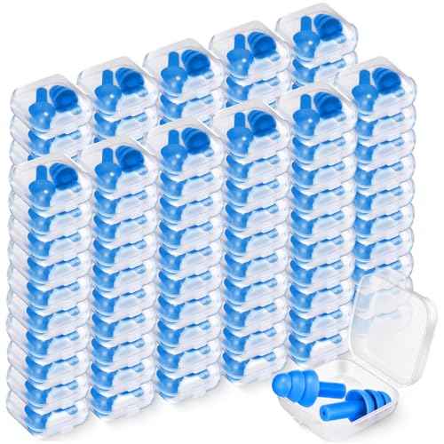TrelaCo 100 Pairs Ear Plugs Bulk, NRR 29dB Reusable Silicone Ear Plugs with Plastic Cases Soft Foam for Sleeping Noise Cancelling for Concerts Shooting Swimming Noise Reduction(Blue)