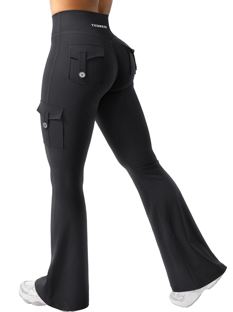 YEOREO CoreFlex Women Workout Flare Leggings with Pockets Hidden Scrunch Cargo Gym Yoga No Front Seam Leggings Black XL