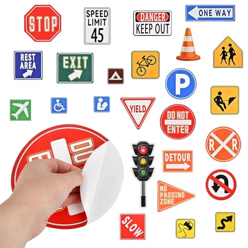 Road Signs Room Decor, 25 Pieces Traffic Sign Wall Stickers, Street Transportation Decals for Kids Bedroom Classroom Playroom Nursery Decoration