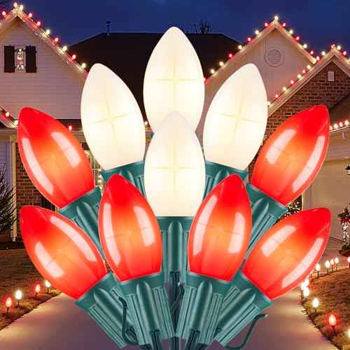 C9 LED Christmas Lights Outdoor, 50 FT 50 Red and Warm White Connectable C9 String Lights for Christmas Tree Patio Roofline Garden Backyard Holiday Party Indoor Outdoor Decoration, Green Wire