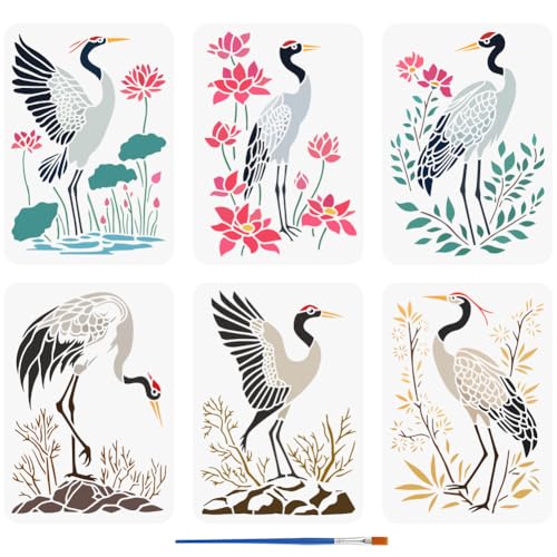 FINGERINSPIRE 6 PCS Cranes Painting Stencil with 1Pc Plastic Paint Brush, 8.3x11.7inch Lotus Flowers Leaves Stones Pattern Stencil for DIY Home Decor
