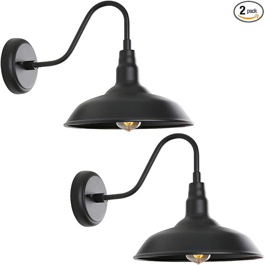 Black Outdoor Barn Light with Wall Mount 2 Pack Exterior Gooseneck Lights with 10" Dome, Farmhouse Style Outside Wall Sconce for House, Porch, Patio
