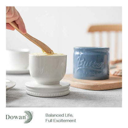 DOWAN Butter Dish, French Butter Crock With Lid for Spreadable Soft Butter, Porcelain Butter Keeper With Waterline for Counter, Embossed Butter Container Home Gift Kitchen Decor, Beige