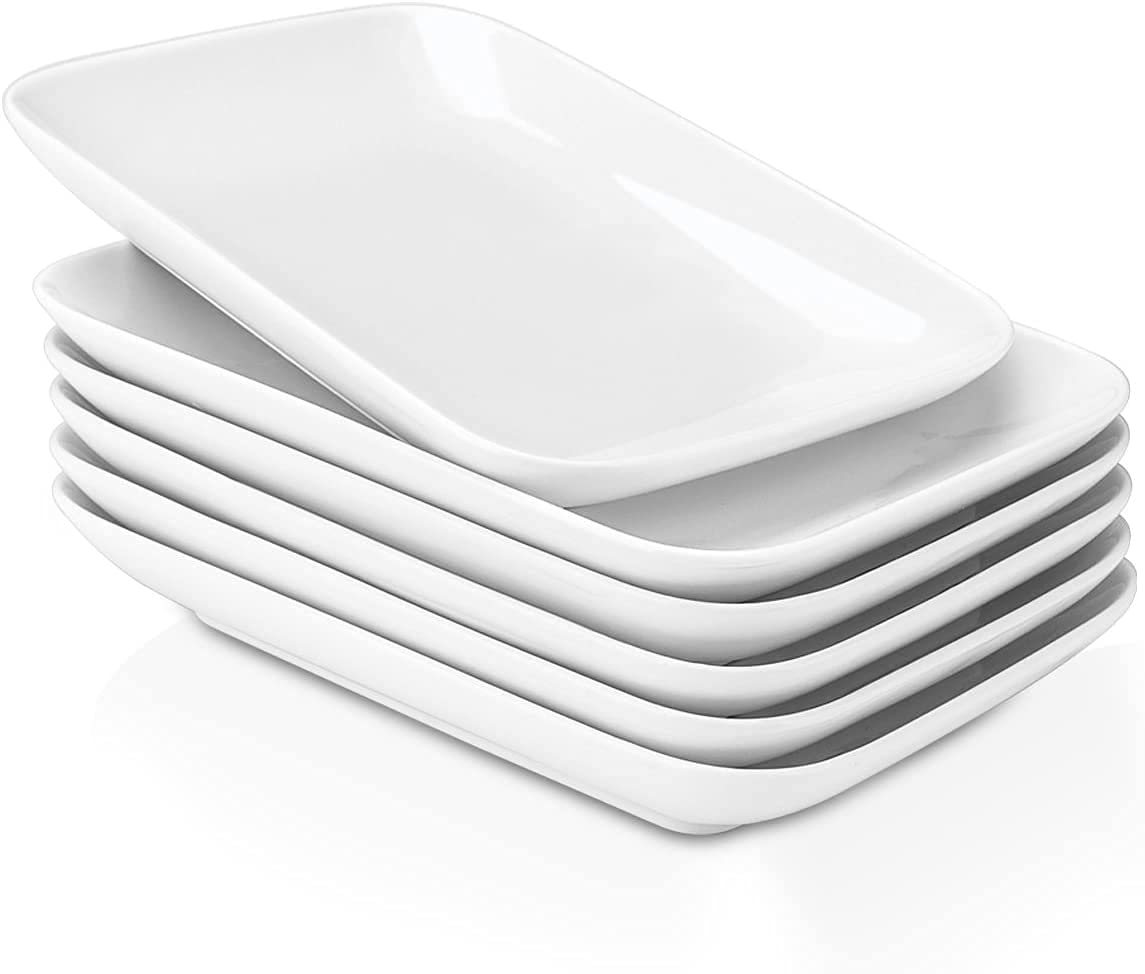 DELLING 8 Inch Rectangular Appetizer Plates, Salad Plates Set, Ceramic Dessert Plates, Small Serving Plates for Salad, Appetizer, Snack, Sushi - Microwave, Oven, and Dishwasher Safe - Set of 6, White