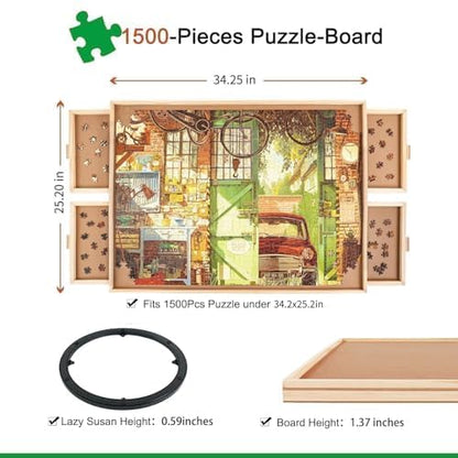 ALL4JIG 1500 Piece Rotating Puzzle Board with Drawers and Cover,25"x34"Portable Wooden Jigsaw Puzzle Table for Adults Portable,Lazy Susan Spinning Puzzle Boards Birthday Gift for mom