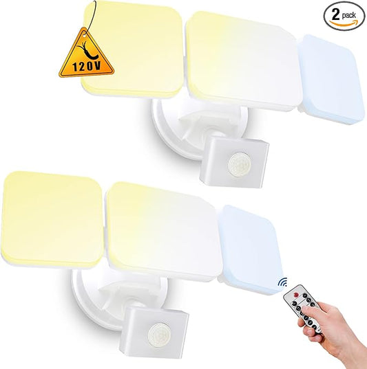 EMANER Outdoor Security Floodlight Waterproof, Remote Control, Motion Sensor, Dusk to Dawn Stay On, Brightness Adjust, Tunable White, 280W Equiv. 120V Motion Light for Yard Patio Porch (White, 2Pack)