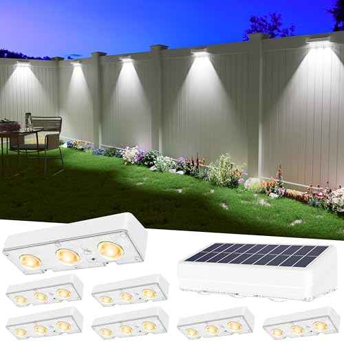 Solar Fence Lights Outdoor Waterproof Led, 8 Pack,1300mAh, 6 Inch Solar Lights for Fence with Warm White & RGB 8 Colors,Outdoor Fence Light Decor for Patio, Backyard, Deck, Railing(White)