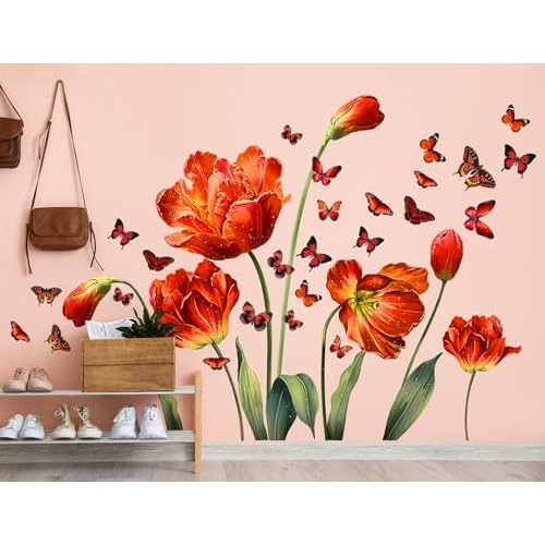 LiveGallery Large Pink Red Flowers Wall Stickers Removable Floral and Butterfly Wall Decal DIY Tulips and Green Leaf Vine Wall Decor for Kids Teens Girls Women Bedroom Nursery Living Room Decoration