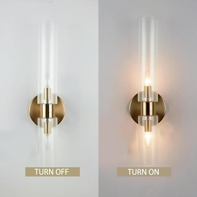 Modern Asymmetrical Glass Double Tube Wall Sconce, 2-Light Textured Shades, Wall Mounted Light for Living Room, Hallway, Bedroom, Porch, Bathroom (Brass)