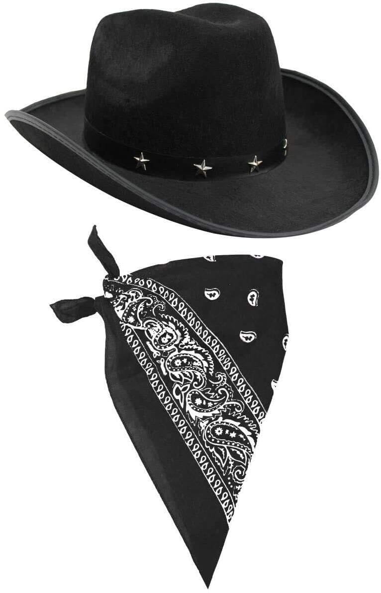 I LOVE FANCY DRESS LTD Cowboy Hat & Cowboy Neckscarf Accessories. Black Star-studded Cowboy Hat & White Bandana. Wild West Western Sheriff. Pack of: 1 | Bandana Colour: Black