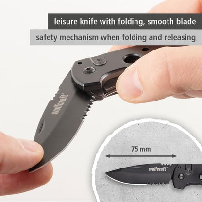 Wolfcraft Leisure Knife with Folding Blade I 4289000 I Versatile leisure knife for hobby and camping - 75 mm blade with serrated cutting edge