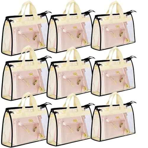 9 Pack Dust Bags for Purses and Handbags,Purse Storage Organizer for Closet,Handbag Dust Bags,Clear Handbag Storage Organizer,Purse Cover Hanging Closet Organizer with Zipper,Handles & Hooks