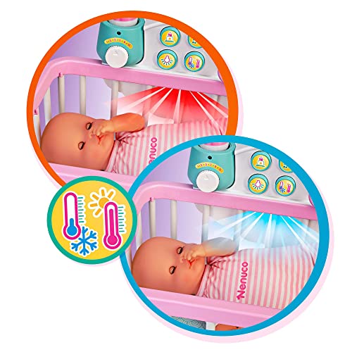 Nenuco - Good sleep cradle, interactive cot with lights and sounds, with a soft body doll for the youngest children and accessories such as bottle and soother, Famosa (700017203)