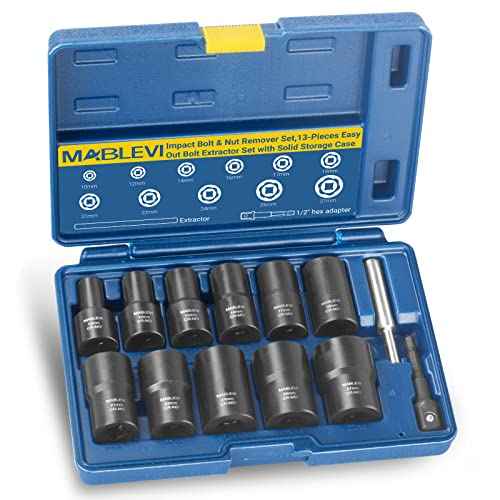 MABLEVI 13 PCS Bolt Extractor Set, 1/2" Drive Impact Lug Nut Remover Socket Tool with Center Punch Bar for Damaged, Frozen, Studs, Rusted, Rounded-Off Bolts & Screws