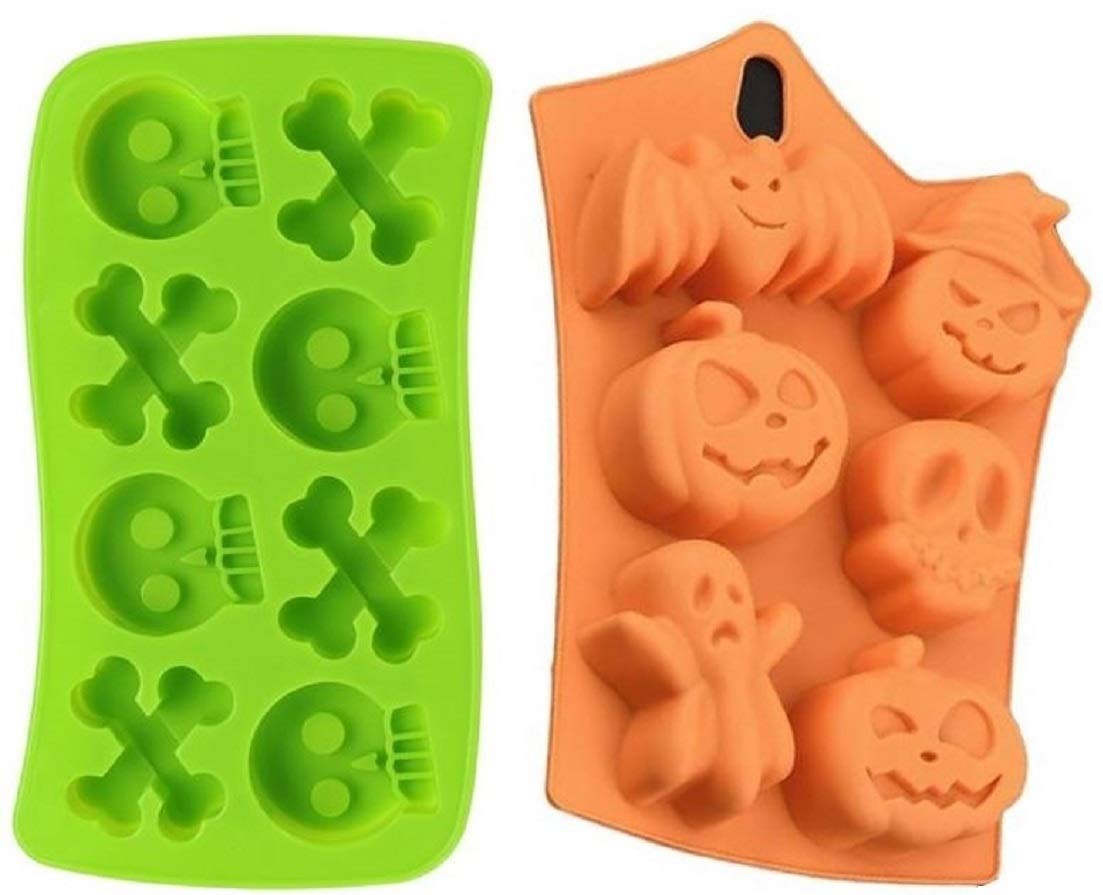 2 Silicone Halloween Soap Molds - Day of The Dead Soaps - Pirate Party Cakes Skulls Crossbones - Pumpkins Ghosts Bats Bath Bombs Random Colors by Jolly Jon