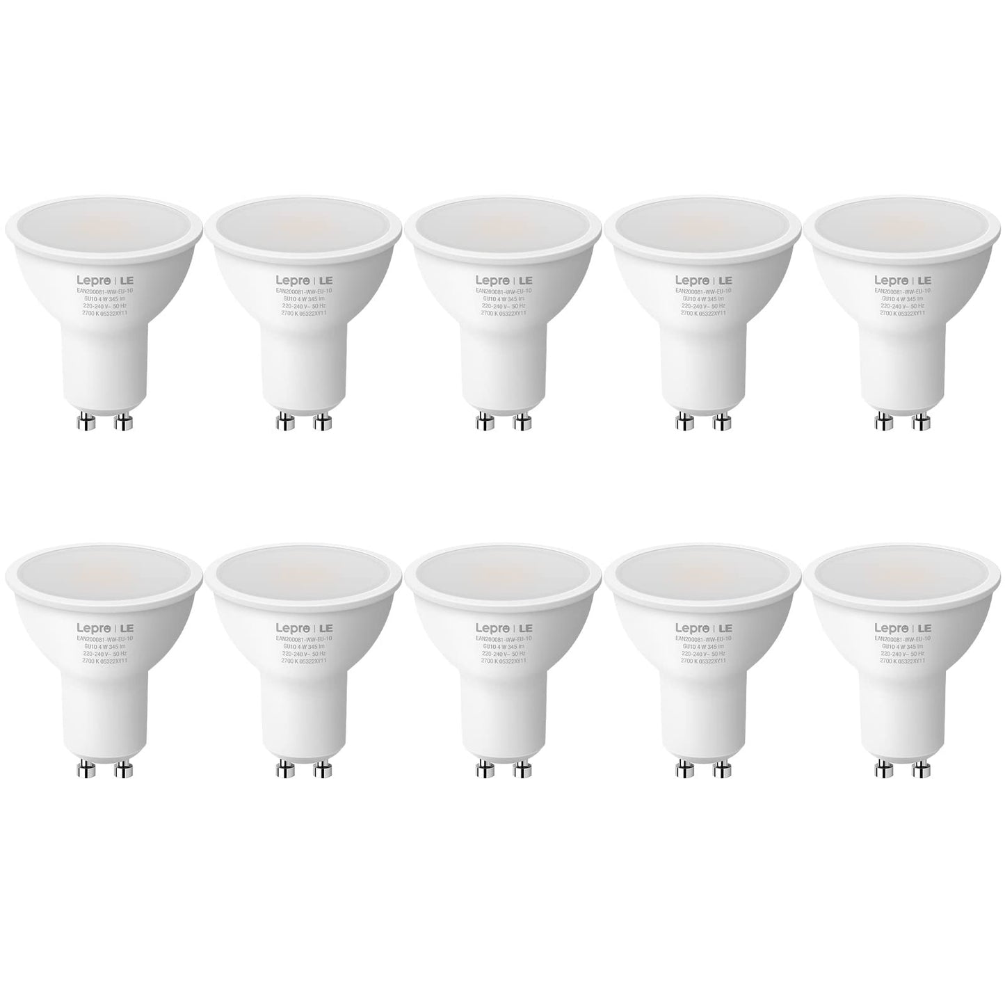 Lepro GU10 LED Bulbs, Warm White 2700K, 4W 345lm, 50W Halogen Spotlight Bulb Equivalent, Energy Saving GU10 LED Light Bulbs, 100° Wide Beam, Non-dimmable, Pack of 10