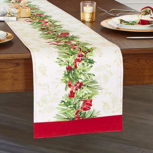 Newbridge Christmas Holly Ribbon Traditions Bordered 70 Inch Long Table Runner, Boughs of Holly and Berry Ribbon Garland Dining Table Runner for Holiday Party