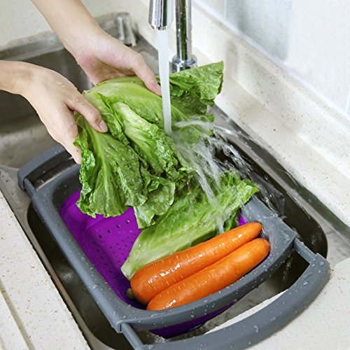 Qimh Colander collapsible, Colander Strainer Over The Sink Vegetable Fruit Strainer Basket (6 Quart) with Extendable Handles, New Kitchen Essentials