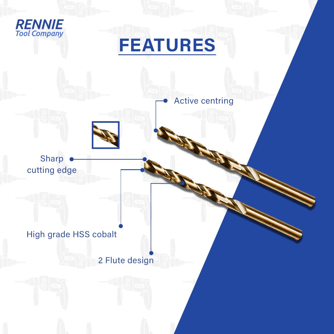 Rennie Tools - Box of 10 x 4mm HSS Gold Cobalt Jobber Drill Bit Set For Stainless Steel, Hard Metals, Aluminium, Cast Iron, Copper. Twist Drill Bit Sets Supplied In A Box. 4mm Drill Bit Set