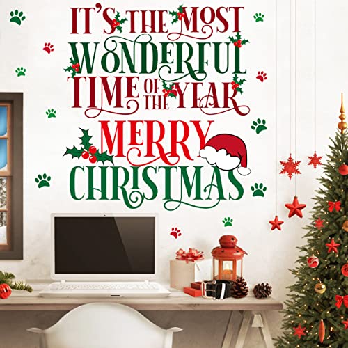 Removable Merry Christmas Wall Decal Stickers Happy New Year Festival Greating Wall Decor Art Decals Peel and Stick Living Room Bedroom Office Classroom Wall Decoration