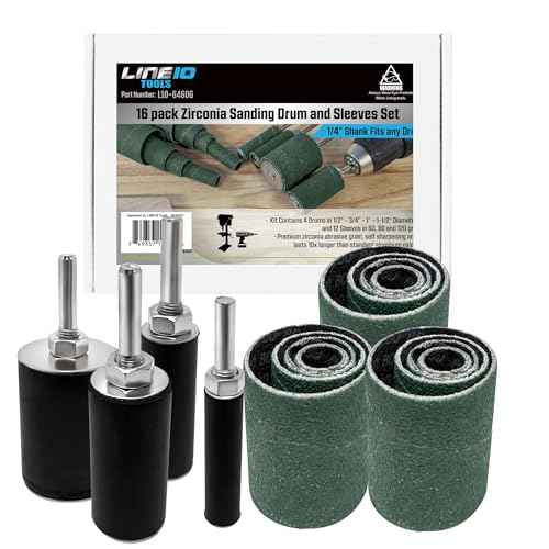 LINE10 Tools 16pk Zirconia Sanding Drum and Sleeves Set, Spindle Sander Attachment for Drill and Drill-Press, Die-Grinder, 2-inch Extra Long Surface, Ideal for Knife Making, Works on Stainless Steel