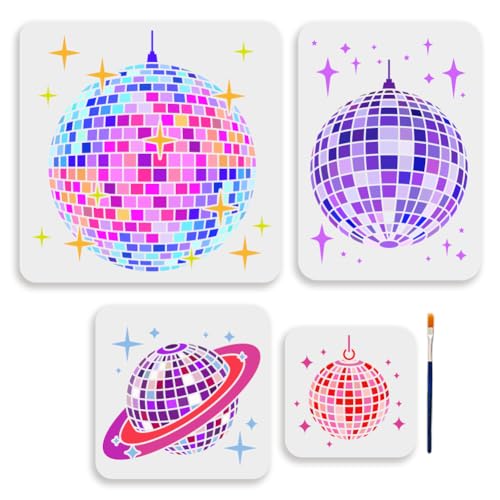 MAYJOYDIY 4 Size Disco Ball Stencil 6~11.8inch Dancing Party Dazzling Ball Stencil with Paint Brush Shiny Star Music Bar Party Light Templates for Furniture Windows Wood Wall Tile Canvas Fabric Floor