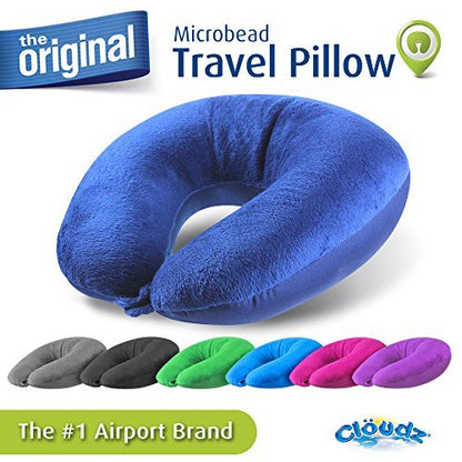 Cloudz Dual Comfort Microbead Airplane Travel Neck Pillow. Super Soft Cozy Plush Fabric on One Side, Cool Relaxing Spandex on The Other! Customize Your Comfort and Support at Home or On The Go!- Blue