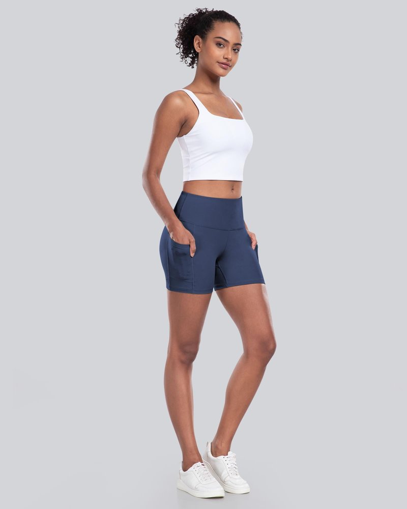 CHRLEISURE Womens Biker Yoga Shorts with Pockets: High Waisted Tummy Control Spandex Workout Athletic Gym Shorts 4 Packs(5'' Black,Gray,Navy,Wine, L)
