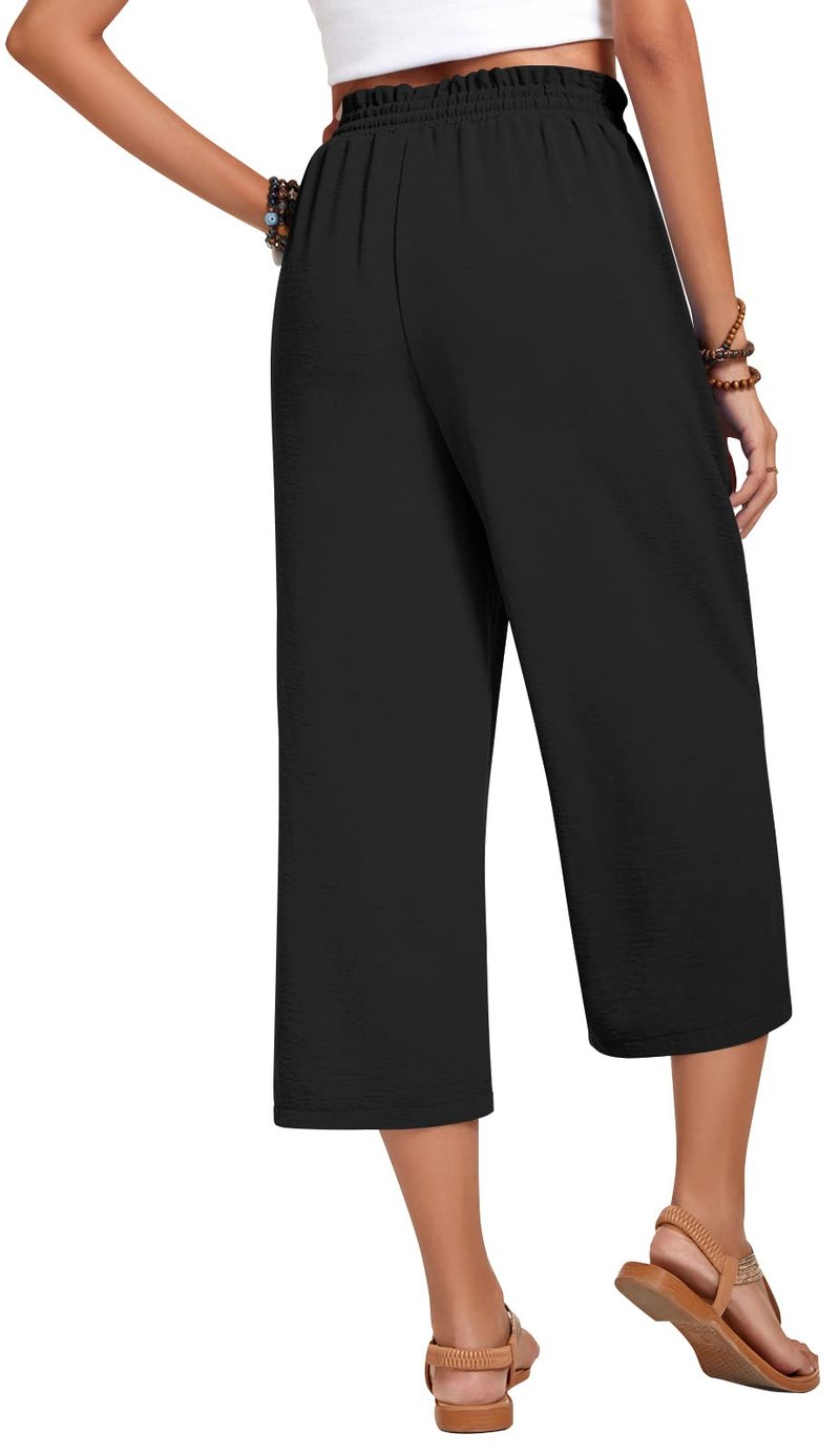 Anyhold Womens Capri Pants Loose High Waisted Wide Leg Lounge Pants Drawstring Casual Palazzo Trousers with Pockets X-Large, Black