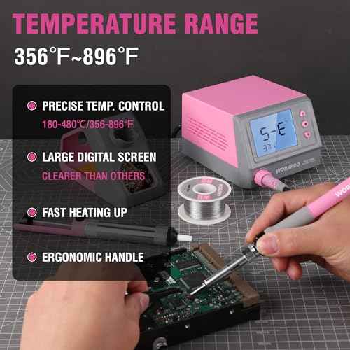 WORKPRO Soldering Station, 60W Soldering Iron Kit Digital Display, 5 Extra Iron Tips, Precision Temperature Control Solder Station for Electronic Repair, DIY Enthusiasts - Pink Ribbon