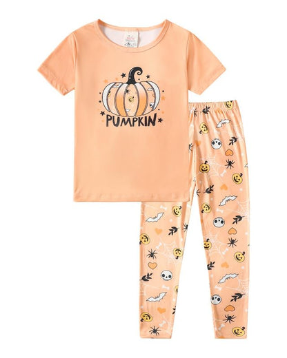 MyFav Halloween Girl Pajamas Set Cute PJS Short Sleeve Long Pants Sleepwear Crew Neck Kid PJS Night Clothes,Light Orange,10Y