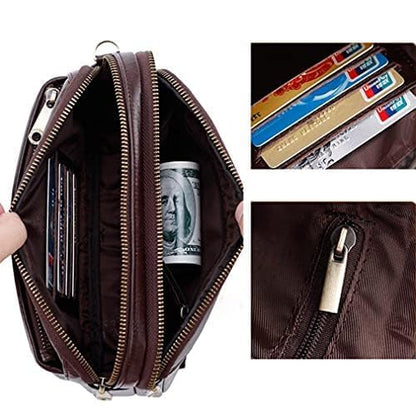 Leather Clutch Bag Wrist Purse for Men Women Business Organizer Wristlet Strap Pouch Coin Money Case Wallet Handbag Cell Phone Holder Daypack Coffee