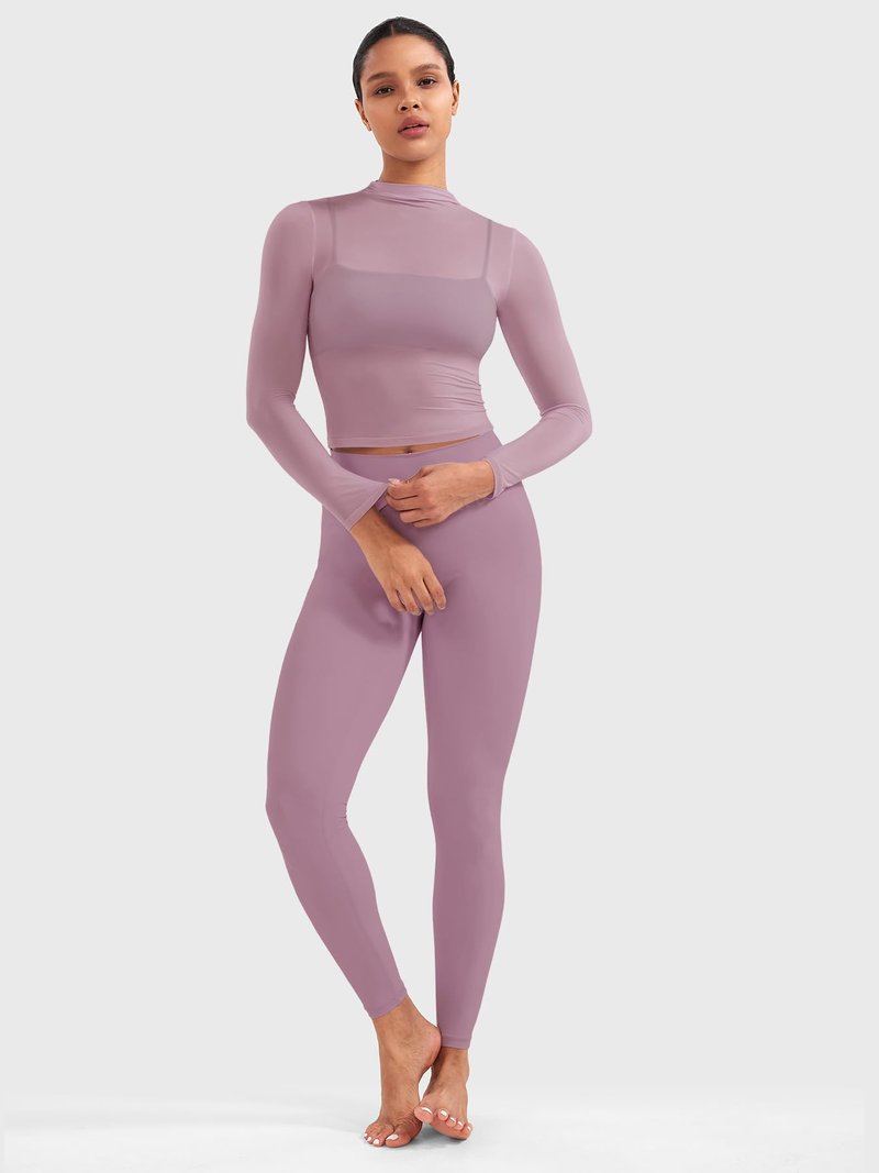YEOREO Womens Sheer Tops Long Sleeve See Through Tops Mock Neck Slim Fit Workout Shirt Jamy Going Out Sexy Shirts Lilac Smoke M