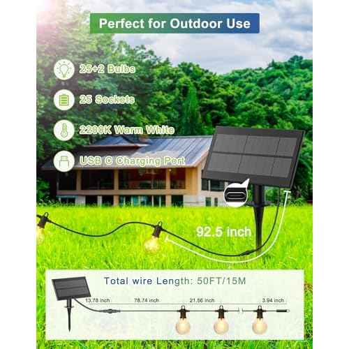 Solar String Lights Outdoor Waterproof 50FT with USB Port and 27 Shatterproof G40 Bulbs(2 Spare), LED Solar Powered Patio Lights for Outside, Porch, Backyard, Bistro, Garden, Market - 2200K