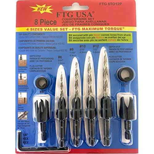 FTG USA Adjustable Wood Countersink Drill Bit Set #6#8#10#12 with Tapered Drill Bits for Woodworking