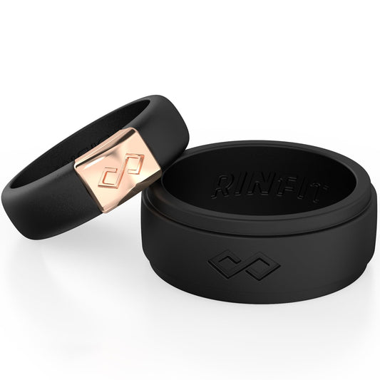 Rinfit Matching Silicone Rings for Couples - Silicone Wedding Bands Sets for Him and Her - MetalInfinity & Infinity Patented Design - Black & Black - Women 8 & Men 11