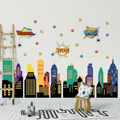 Runtoo City Skyline Wall Decal Spider Peel and Stick Wall Stickers for Boys Baby Nursery Playroom Classroom Decor